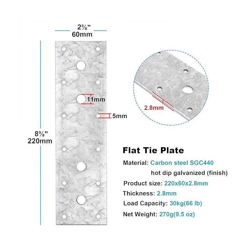 6Pack Flat Tie Plate Mending Plate Bracket, Metal Corner Brace Repair Fixing Bracket Connector for Wood Timber