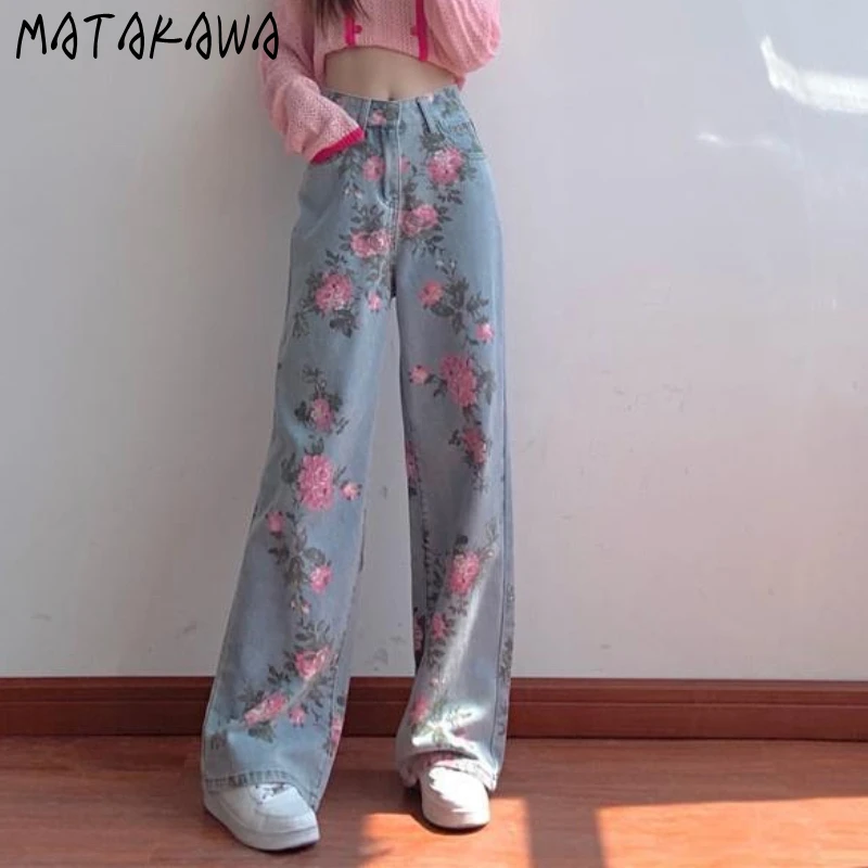 MATAKAWA Baggy Jeans Korean Fashion High Waist Slim Vintage Print Loose Straight Women\'s Pants Y2k Elegant Wide Leg Vaqueros