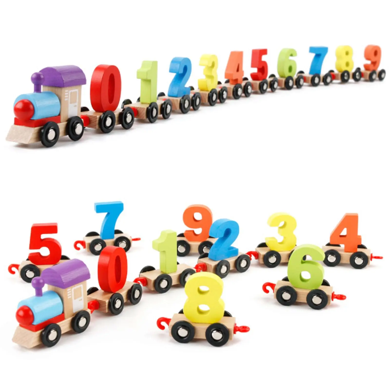 Conjunto de blocos de construção de brinquedo de trem de número de madeira, brinquedos educativos coloridos de empilhamento para crianças aprendizagem precoce reconhecimento de cor
