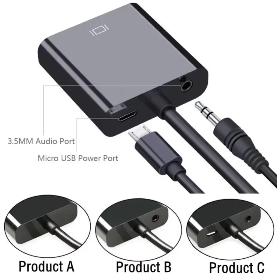 1080P HDMI-compatible to VGA Adapter Converter With 3.5mm Jack Audio + Power Supply Cable for PS4/3 PC Laptop Projector TV Box