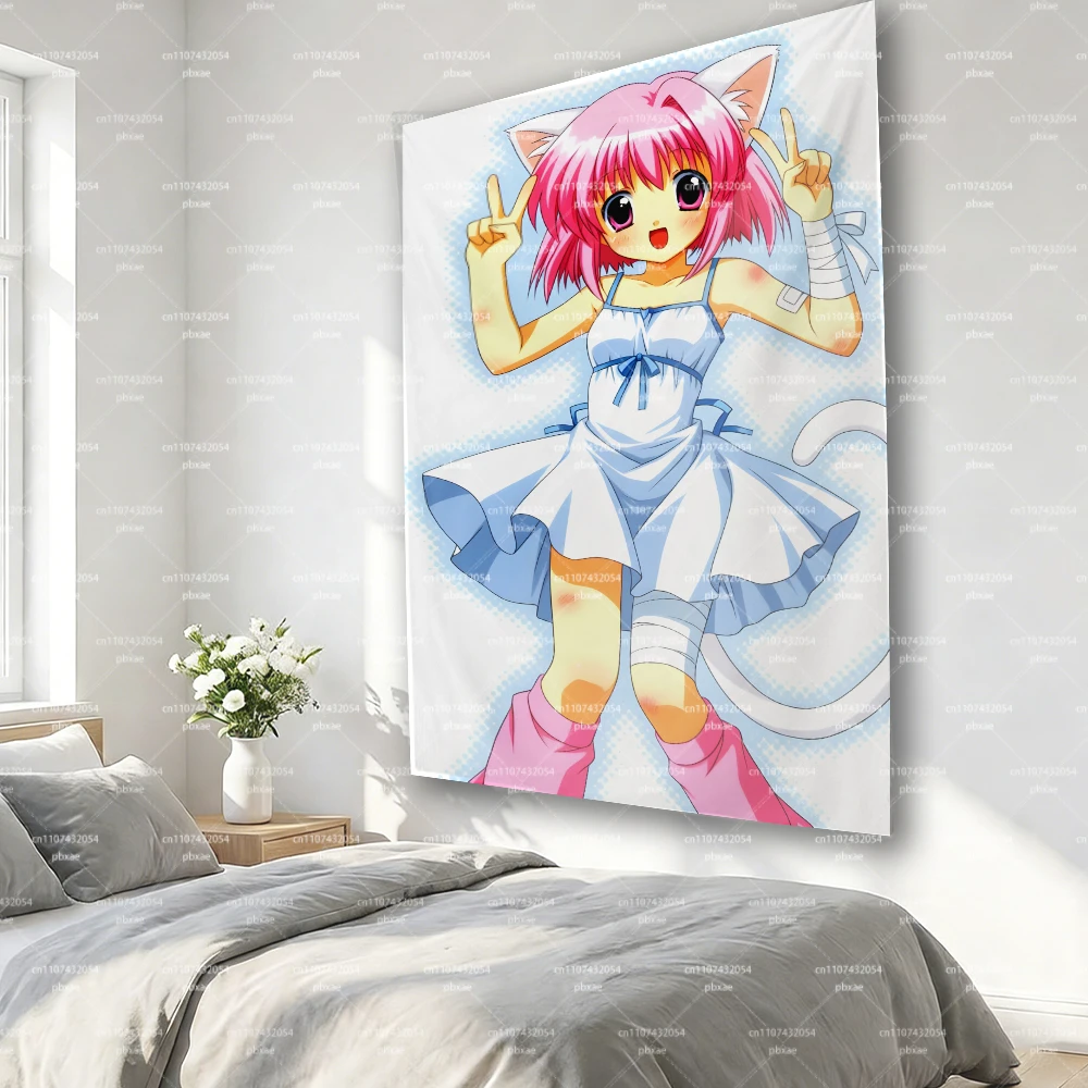 Cute Cat Ear Anime Girl Tapestry Wall Hanging, Pink Hair Neko Girl Peace Gesture Manga Tapestries, Soft Polyester Backdrop Cloth