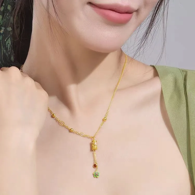 9999 24K real gold antique gilded peach blossom necklace AB chain tassel hollowed out filigree burning collarbone chain