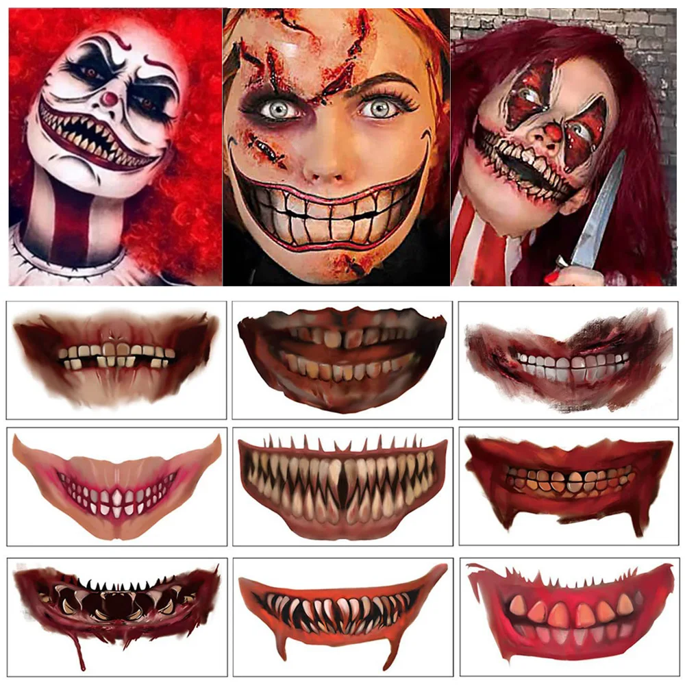 10pcs Halloween Mouth Tattoo Stickers Horror Clown Zombie Scary Tooth Funny Makeup Temporary Tatoo DIY Body Art Tattoos Decals