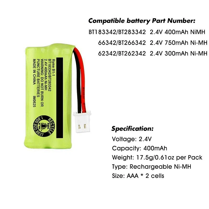 2.4V 400mAh BT183342 Ni-MH Battery for BT283342 BT166342 BT266342 BT162342 BT262342 Compatible with VTech Cordless Handsets