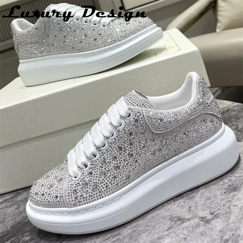 Luxury Rhinestone Sneakers Men Platform Casual Shoes Round Toe Lace-up Walking Shoes Woman Solid Color Crystal Designer Sneakers