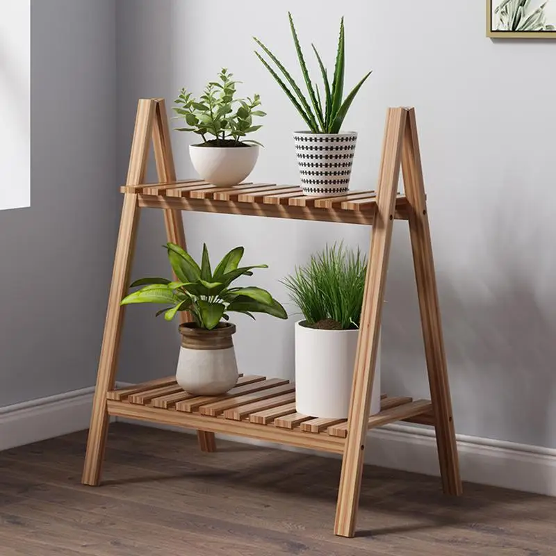 2 Tiers Plant Shelf Foldable Wooden Plant Rack Indoor Outdoor Ladder Plant Stand Display Storage Shelves For Garden Balcony Yard