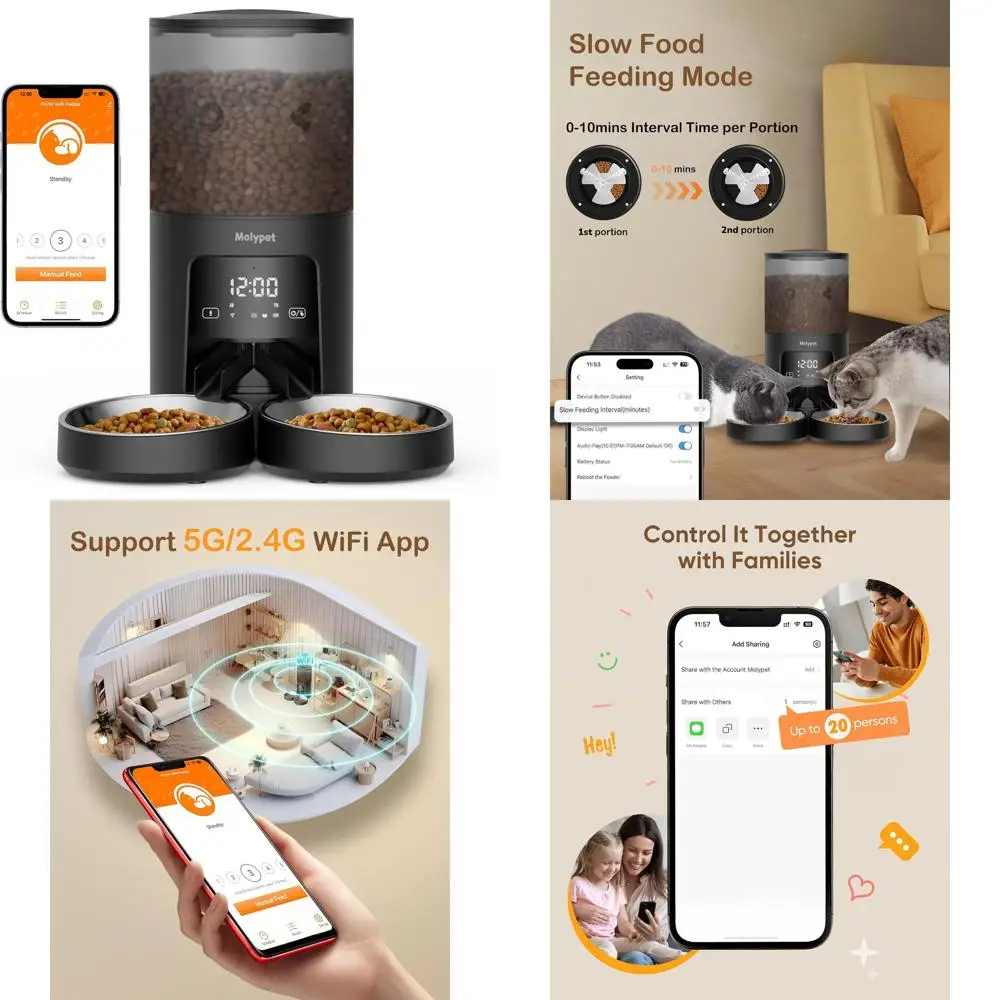 

Умная кормушка для кошек и собак - Wi-Fi 5G, бункер 6 л, оповещения о засоре, 1-10 ежедневных порций