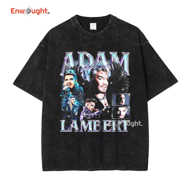 Adam Lambert DTG Printing Tops Tees Vintage Washed Short Sleeve Y2K T shirt Oversized Retro T-shirt Harajuku Streetwear Men