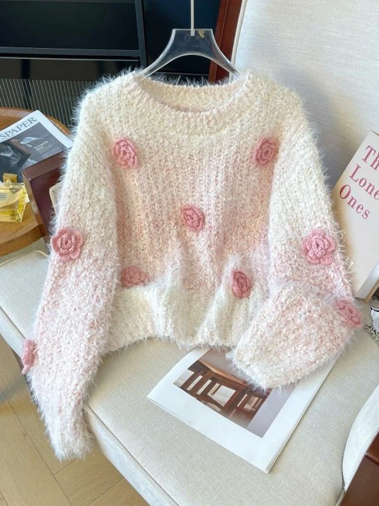 Sweet Chic Mohair Sweater Women Cute O Neck Lazy Wind Knitted Jumper Fashion Elegant 3D Floral Long Sleeve Gradient Pullover Top