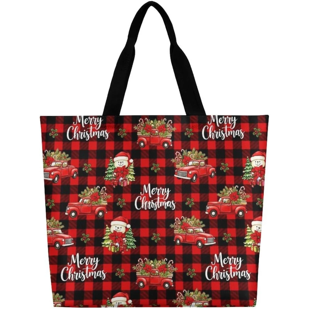 Red Plaid Vintage Merry Christmas Style Reusable Grocery Tote Bag Lightweight Shoulder Tote Bag Shopping Bags for Men Women