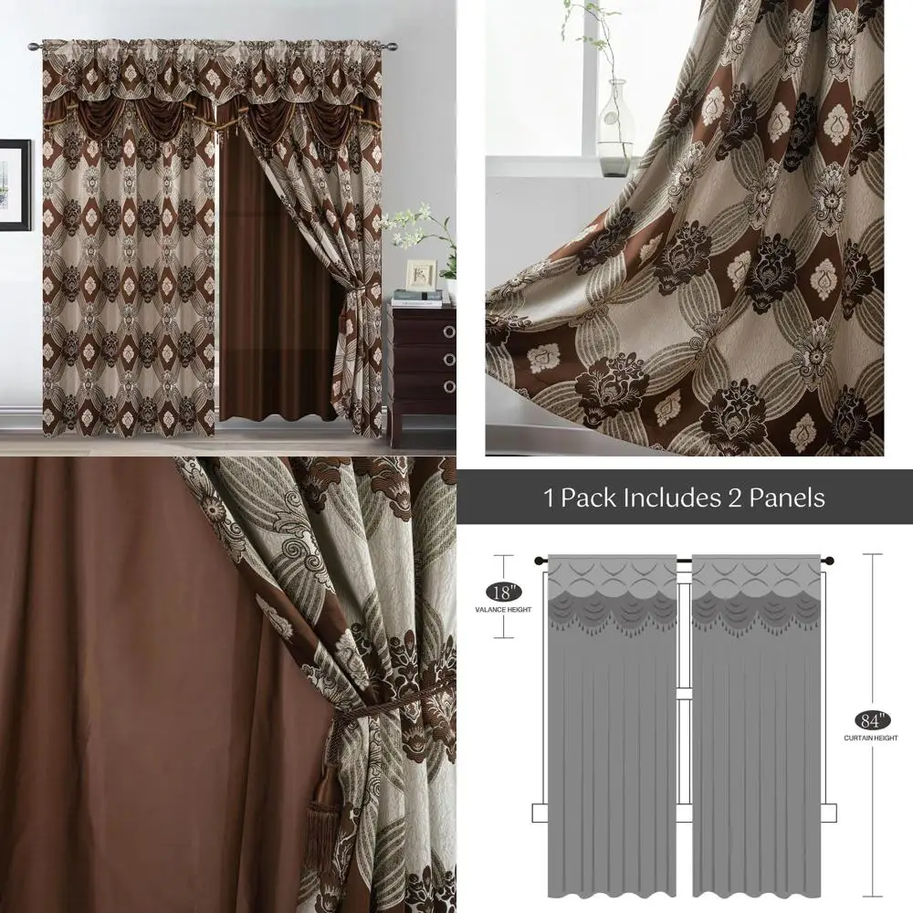 

Роскошные шторы из серебристо-золотой нити, комплект из 2 панелей с ламбрекеном, прозрачная подкладка, завязки, 54x84