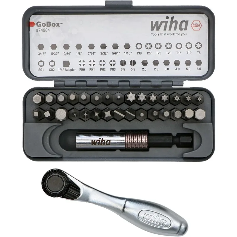 WIHA 74984 GoBox Drill Bit Set Multi-Function Mini Ratchet Wrench 32-Piece Maintenance Hand Tool Set