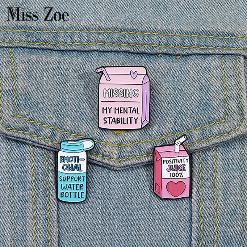 Mood Juice Stay Healthy Enamel Pins Custom MISSING MY MENTAL STABILITY Brooches Lapel Badges Clothes Jewelry Gift for Friends