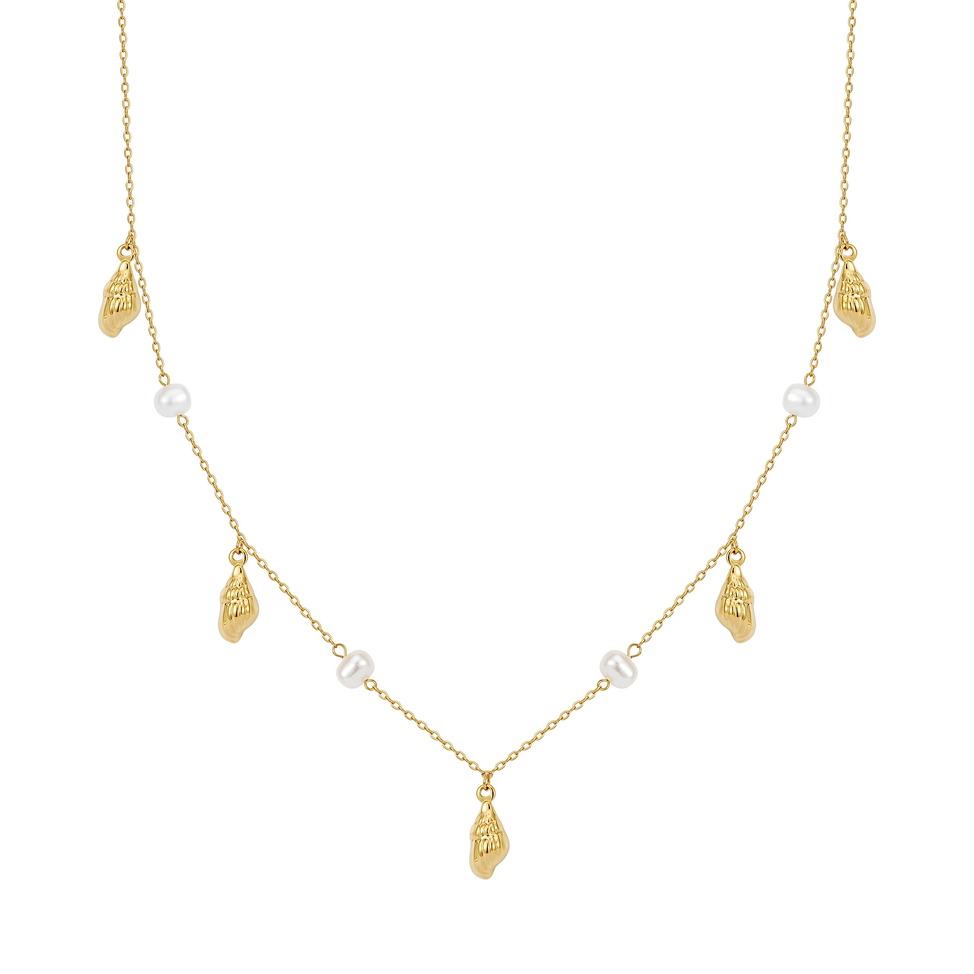 FINE4U Colar em camadas estilo boho praiano com pingentes múltiplos de concha (inspirados no oceano) em aço inoxidável 316L e detalhes em pérola natural de água doce.