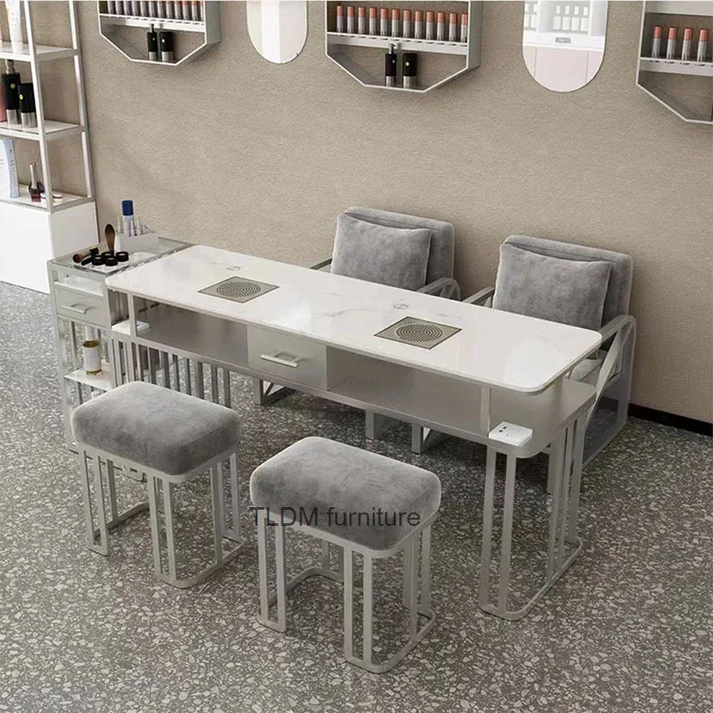 

Light Luxury Silver Nail Tables Professional Salon Furniture for Beauty Salon Manicure Table and Chair Set with Vacuum Cleaner