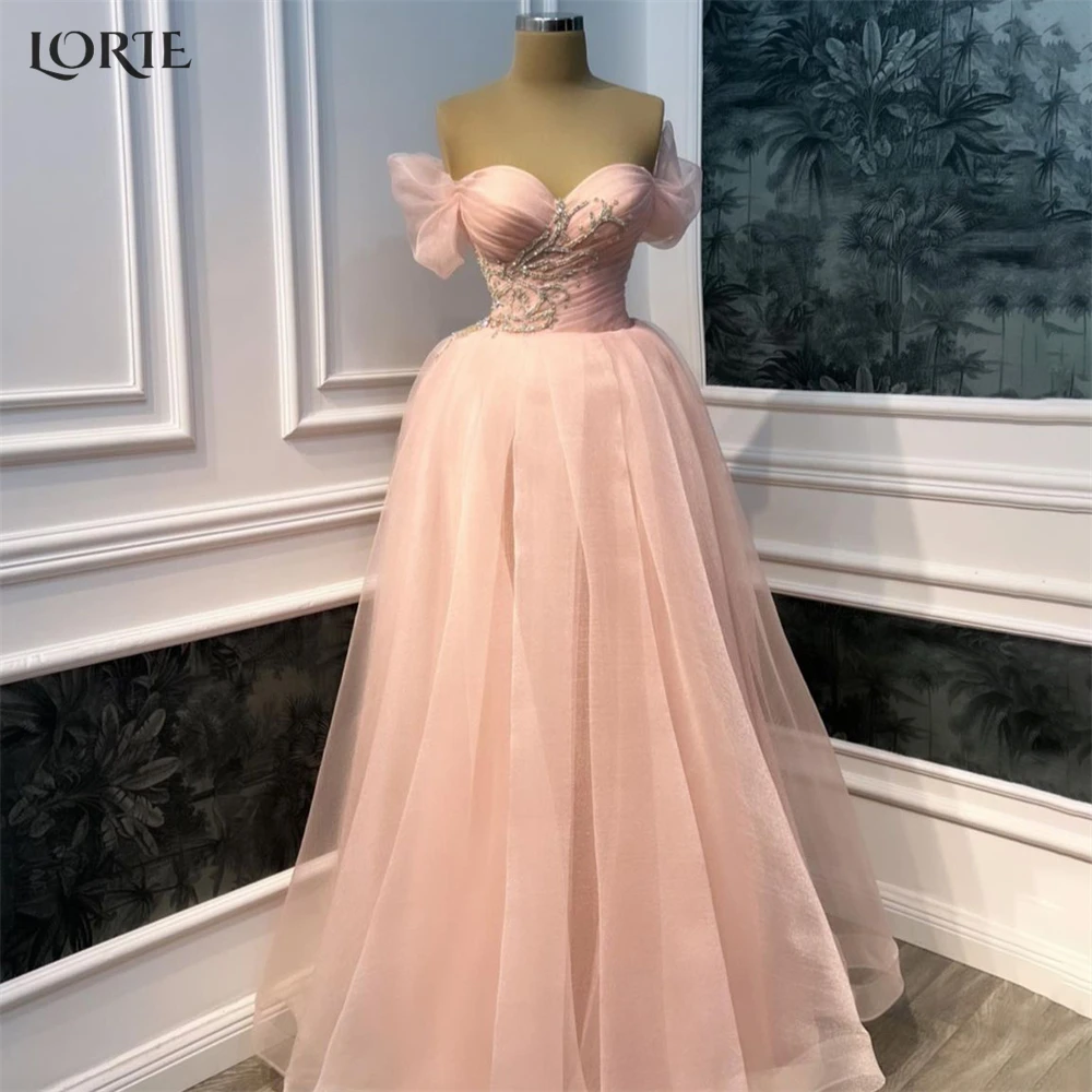 

LORIE Elegant Peach Formal Prom Dresses Sweetheart A-Line Beadings Tulle Off Shoulder Evening Dress Pageant Princess Party Gowns