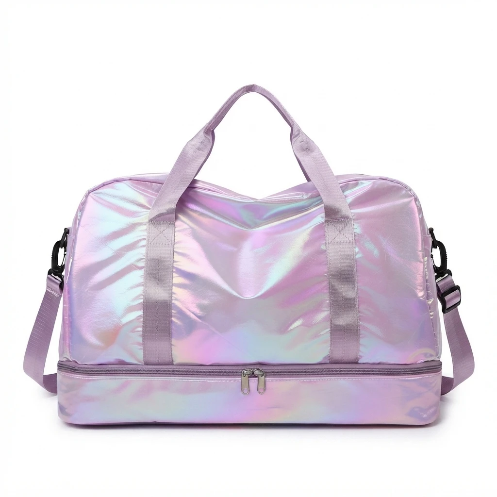 Sac de voyage holographique en nylon, grand sac de voyage léger, sac de transport portable pour la gym, le fitness, l'entraînement sportif et les escapades de fin de semaine.