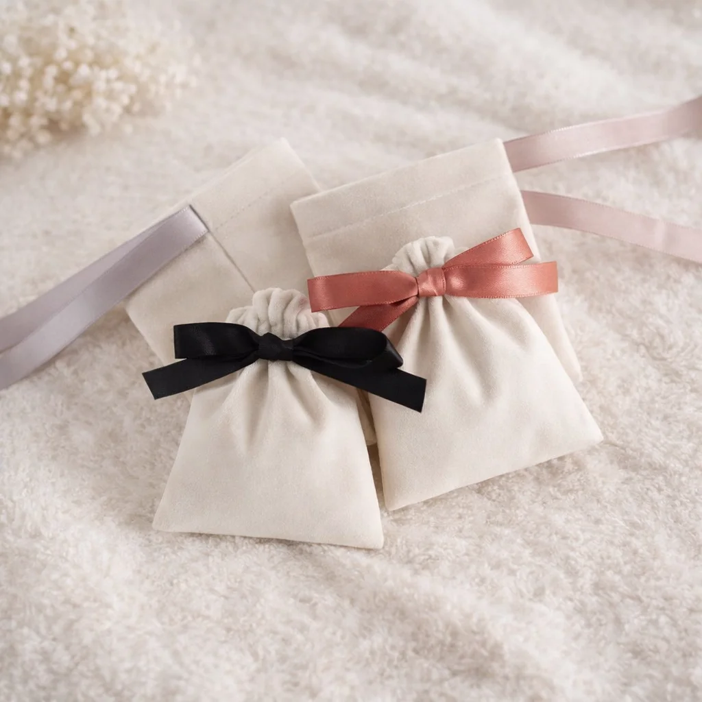 5pcs/Lot Bulk Beige Velvet Pouches Ribbon Jewelry Packing Display Storage For Wedding Candy Gift Travel Drawstring Dust Bags