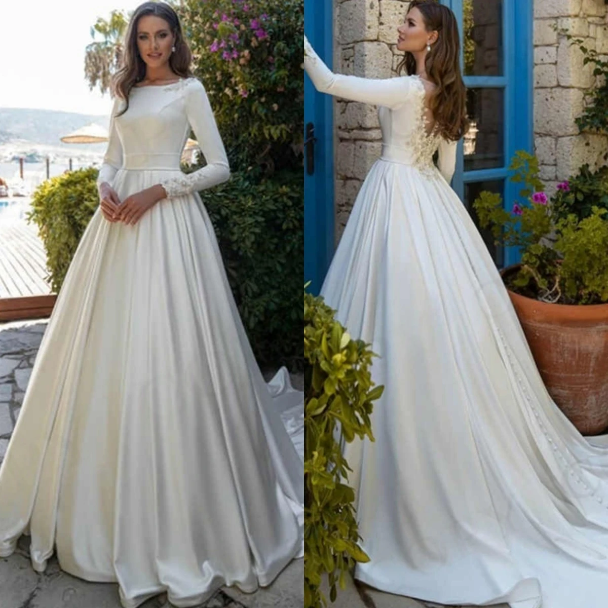 

Customized White Satin Formal Wedding Dress Exquisite O-Neck High Quality Delicate Bridal Party Charming Ruched Bridal Gowns