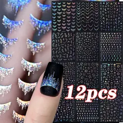 12pcs 5D Shiny French Tassel Nail Stickers Laser Silver Moon/Star/Lines Nail Decals Charming Self Adhesive French Design Manicur