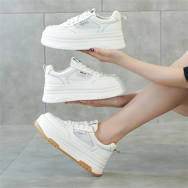 6cm Air Mesh Microfiber Leather Women Casual Shoes White Platform Wedge Hidden Heel Shoes White Shoes Chunky Sneakers Skateboard