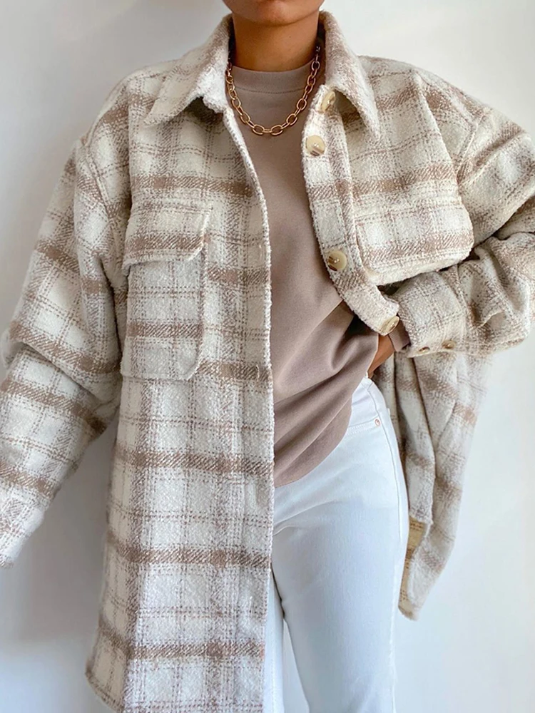 Vintage Women Tweed Plaid Jacket 2023 Fashion Ladies Elegant Loose Jackets Streetwear Girls Oversize Outwear