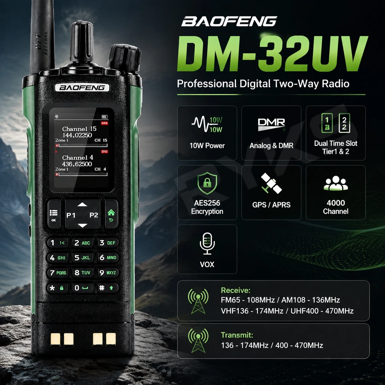 Baofeng Dm 32 Dmr Digitale Long Range Walkie Talkies 8W Am Vhf Uhf Gps/Aprs Dual Time Slot Tier 1+2 Type-C Ham Radio