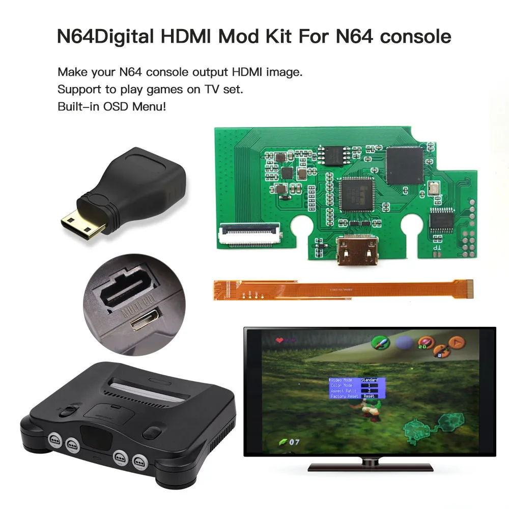 

Наборы цифровых HDMI модов для N64, Наборы печатных плат с портом передачи, Играйте в игры по телевизору, игровая консоль, запчасти с 3 соотношениями сторон