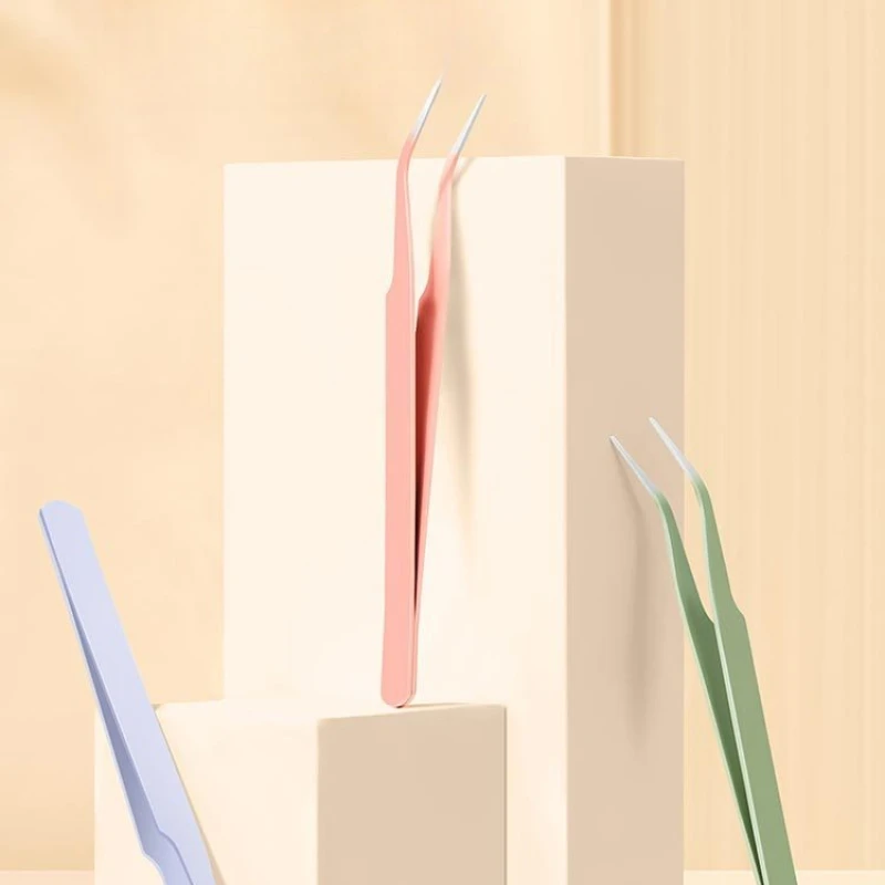Pinça reta curvada de aço inoxidável, colorida, rosa, azul, roxa, faça você mesmo, pinça de cílios, arte de unha, adesivo, strass, ferramenta de seleção