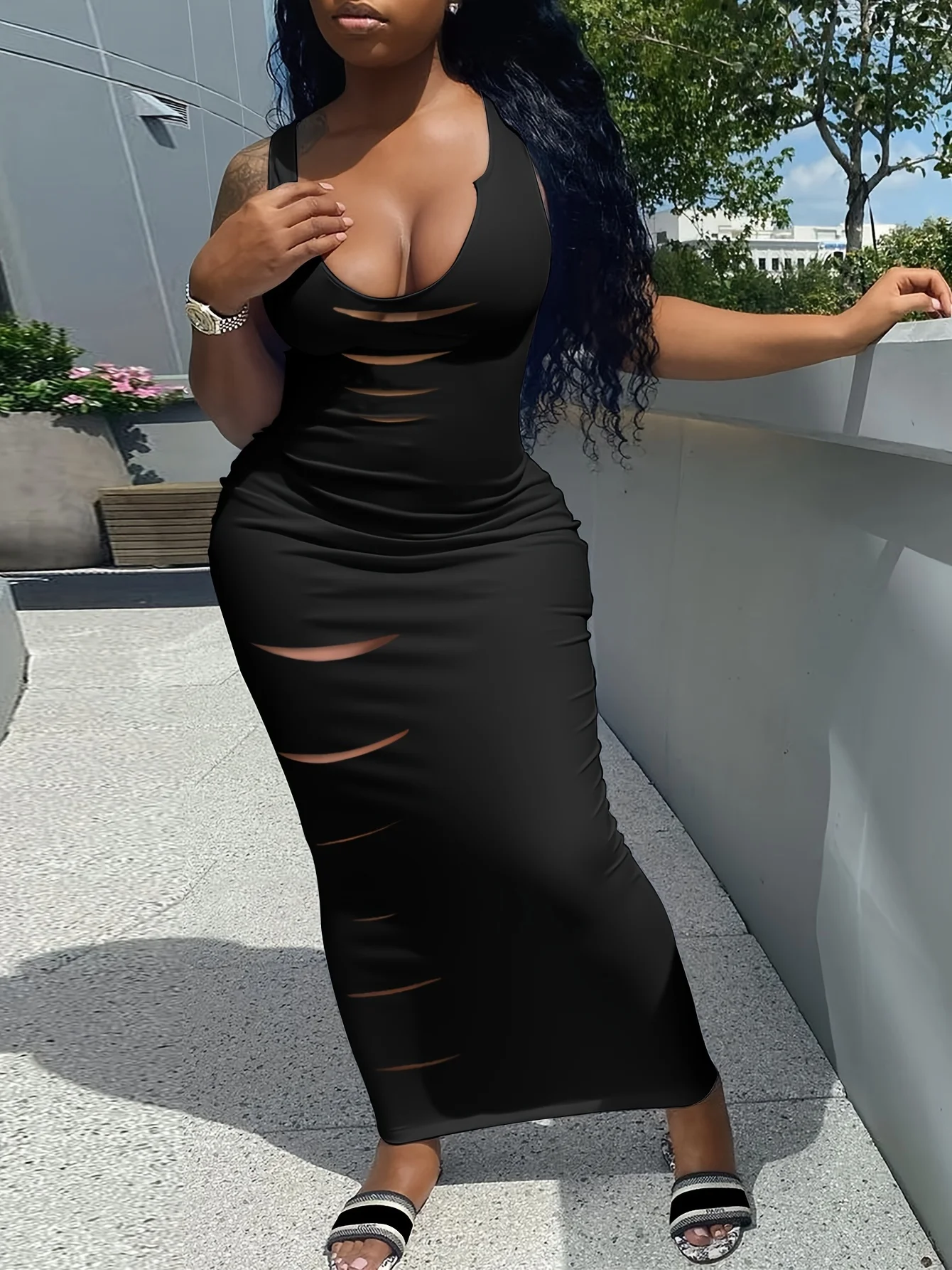 

Женский модный жилет U-образный воротник с дырками и сжиженными цветами, длинное платье, закрывающее бедра, новая модель весны и лета, ма