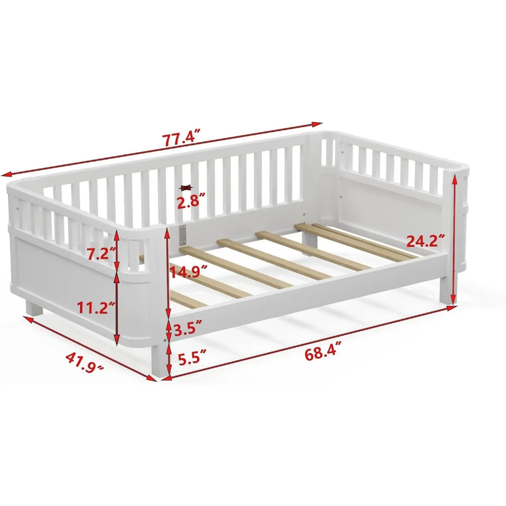 سرير نهاري مزدوج من مونتيسوري مع قضبان أمان ولوح رأسي ودعم شريحة خشبية منخفضة المستوى للأطفال
