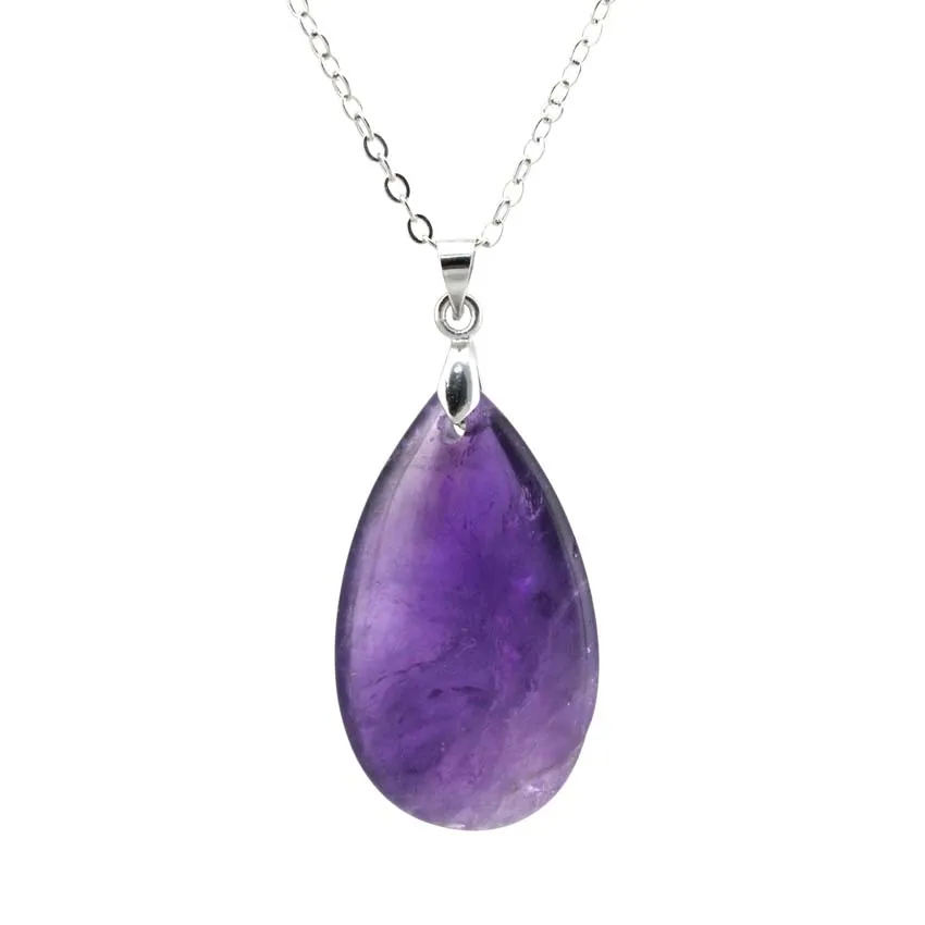 Natural Crystal Water Drop Pendant Rose Quartz Amethyst Teardrop Lapis Lazuli Stone Pendant Chain Necklace For Women Girls Men