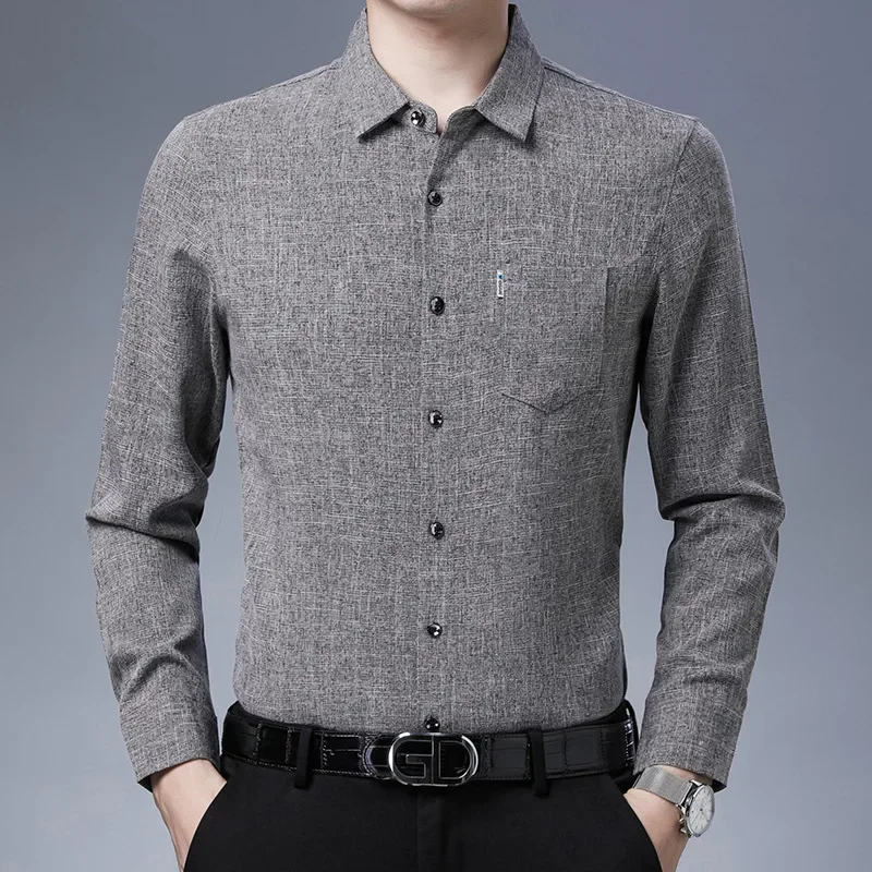 Camisa de linho imitação monocromática para homens de meia idade, True Pocket Dadset, moda casual, presente empresarial, 4 estações, sem engomar