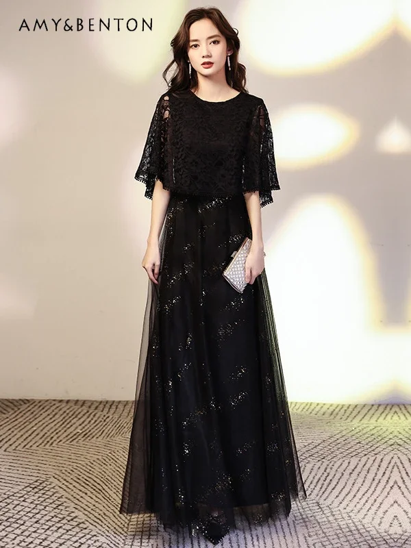 

High Sense Hepburn Style Black Mid-length Dress 2024 New Temperament Lace Print Slim Dresses Elegant Socialite Dress for Women