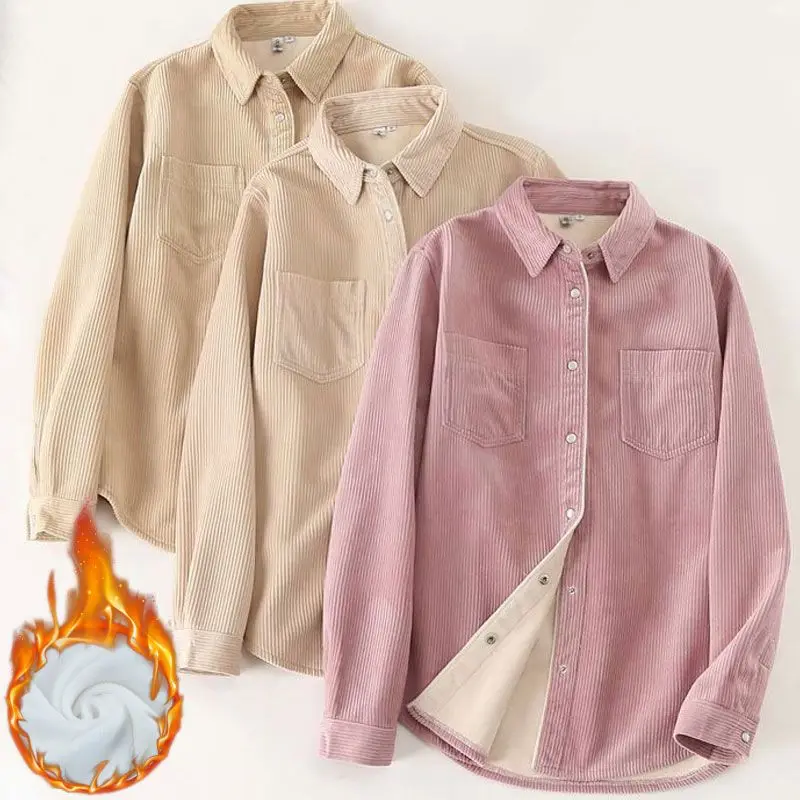 

Осенне-зимний утепленный флисовый кардиган из вельвета с длинными рукавами, однотонный, свободного кроя, женская верхняя одежда