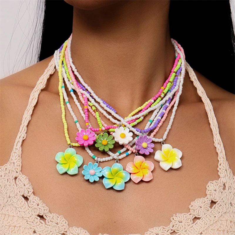 

5Pcs/Set Fashion Colorful Handmade Beads Necklaces for Women Flower Pendant Necklaces Girls Party Festival Jewelry Gifts