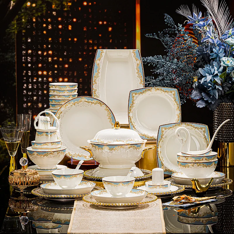 High-end Bone China Dinnerware Set Jingdezhen Light Luxury High-end Bowls Plates For Home Use New Model Moving House Wedding