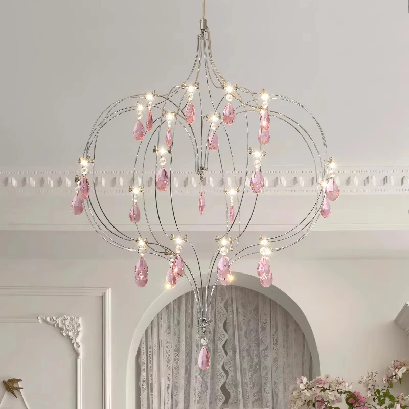 French Luxury Pink Crystal Led Chandeliers Romantic Love Art Dining Room Decor Pendant Lights