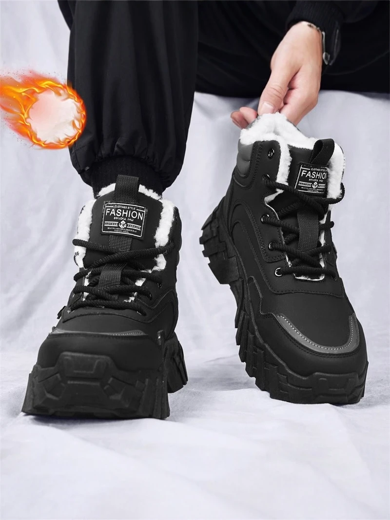 Men's Winter Thickened Fleece Lined High Top Snow Boots Warm  Boots Thick Bottom High Help Work Shoes Leather Fur Integ...
