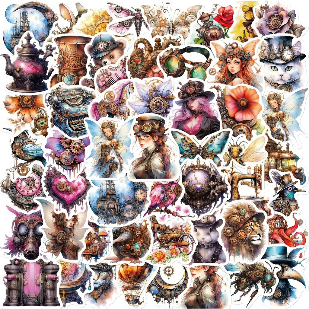 50-Piece Set No Duplicates: Artistic Watercolor Steampunk Stickers - DIY Decor for Bicycle Helmets, Laptops Giajar Sticker Store