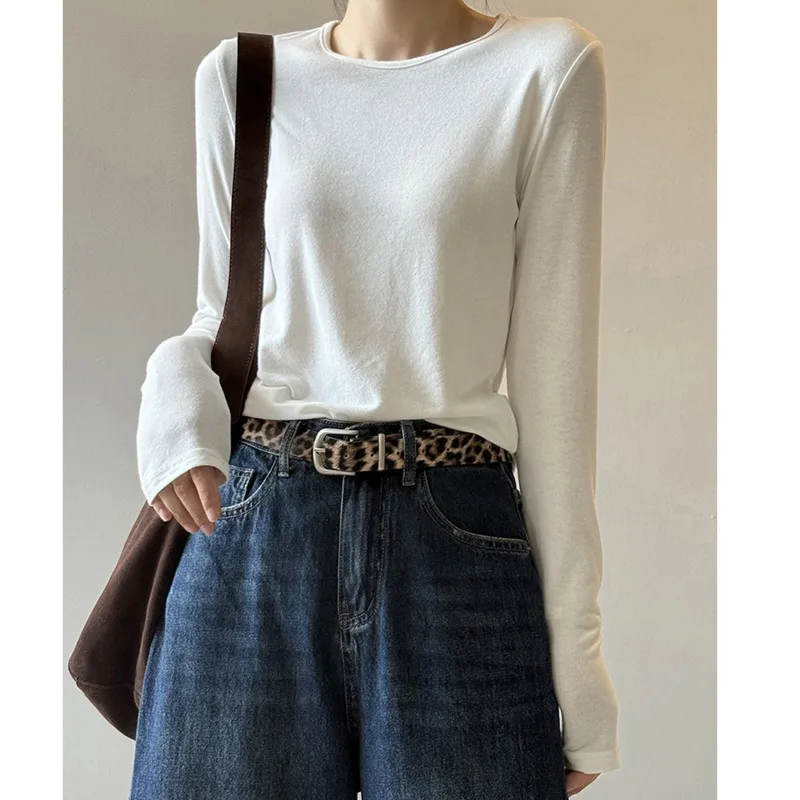 WHTREND الكورية نمط الجولة الرقبة بلون تي شيرت للنساء الخريف البلوز سليم صالح بسيط كم طويل قاعدة قميص WH2016 #2