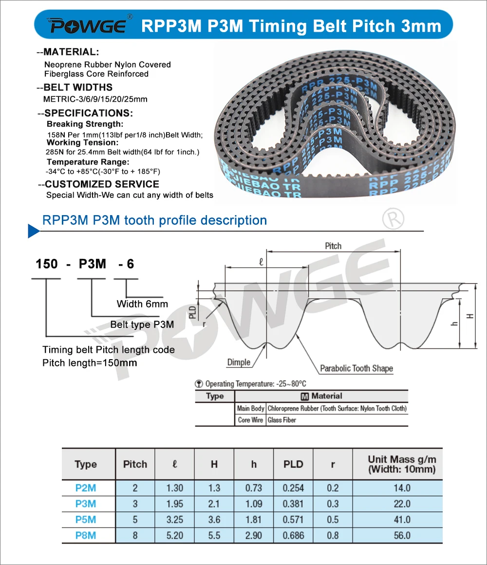 POWGE RPP3M P3M Timing belt Lp= 138 141 165 168 174 177 180 186 195 201 207 210 213 222 225 240 246 252   Width 3-40mm Rubber