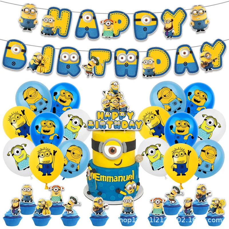 Kawaii Minions เด็กธีมวันเกิดตกแต่งแบนเนอร์เค้กธงบอลลูนชุดอุปกรณ์บรรยากาศตกแต่งชุดของขวัญ