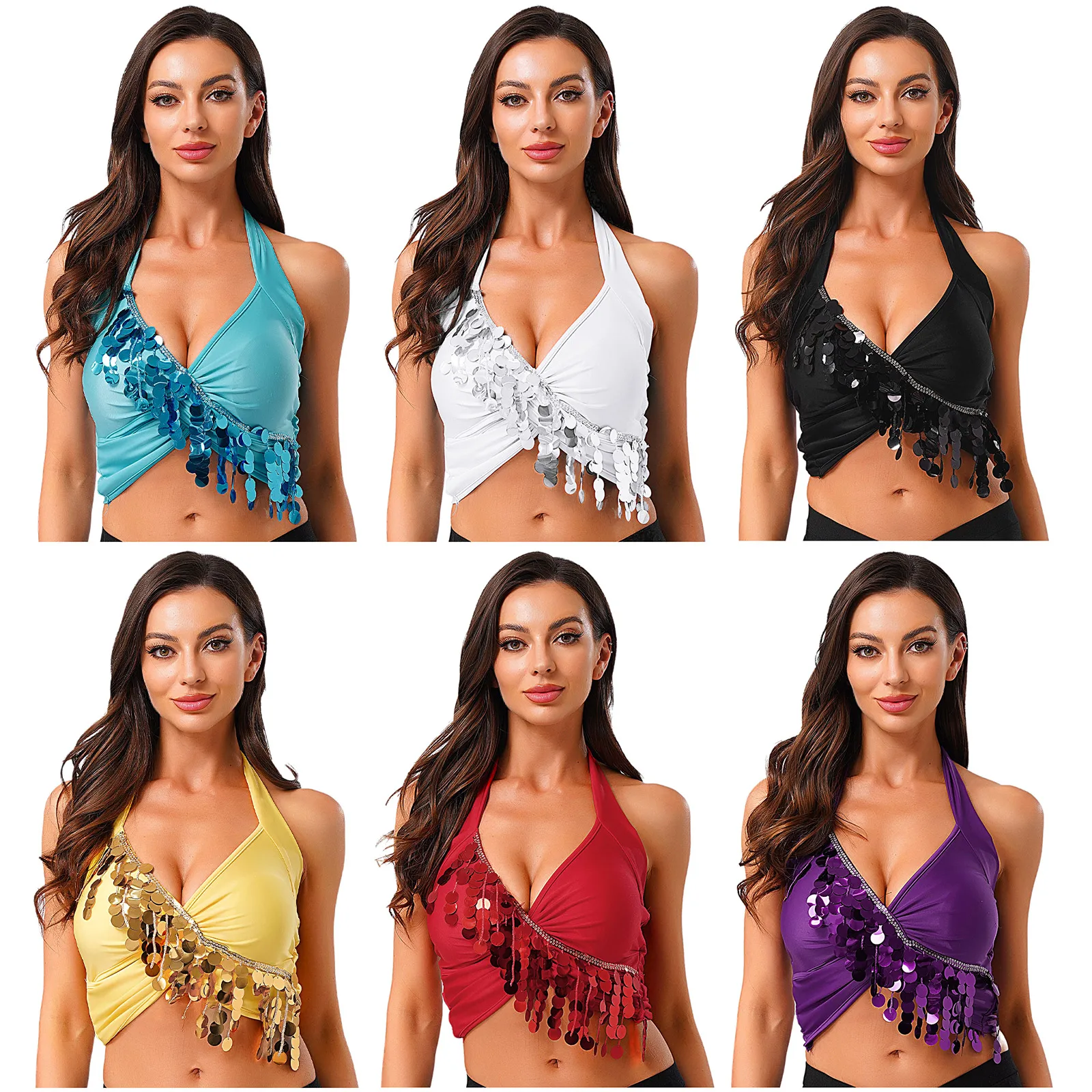 Womens Buikdans Vest Hollow Out Bh Halter V-hals Pailletten Kwastje Bh Dance Crop Top voor Dance Class Performance Club