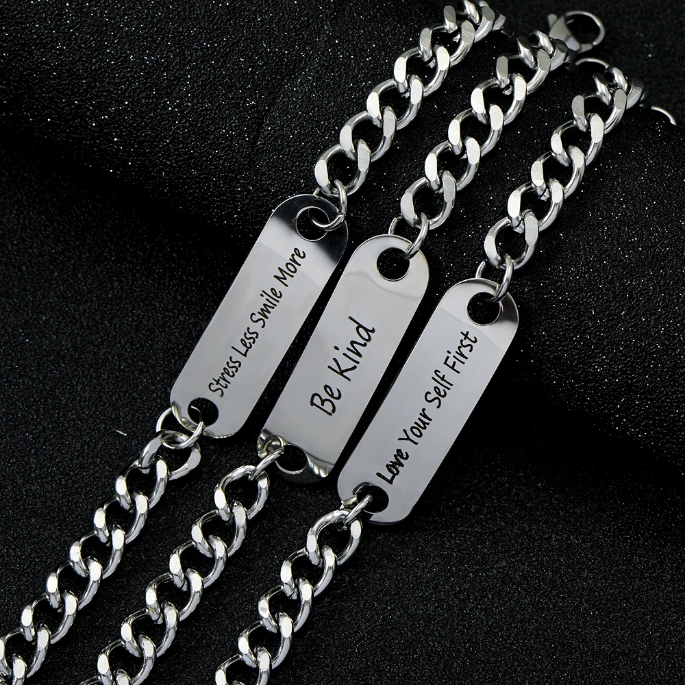 Pulsera de acero inoxidable para mujer, brazalete con diseño de bendición y palabras inspiradoras, cadena con sonrisa al mundo para amigos, 13 estilos