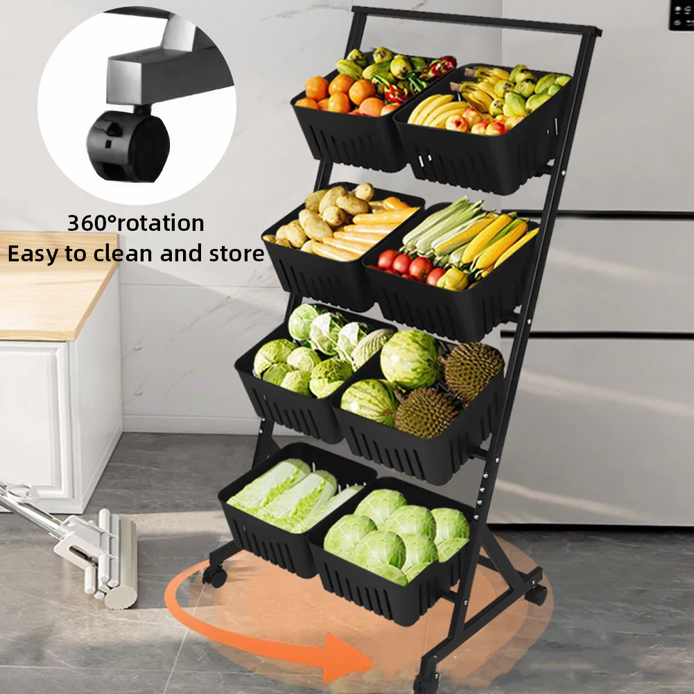 4-Tier Fruit and Vegetable Basket with Rolling Wheels Vegetable Storage Rack W/Rolling Wheels for Pantry Bathroom Laundry Room