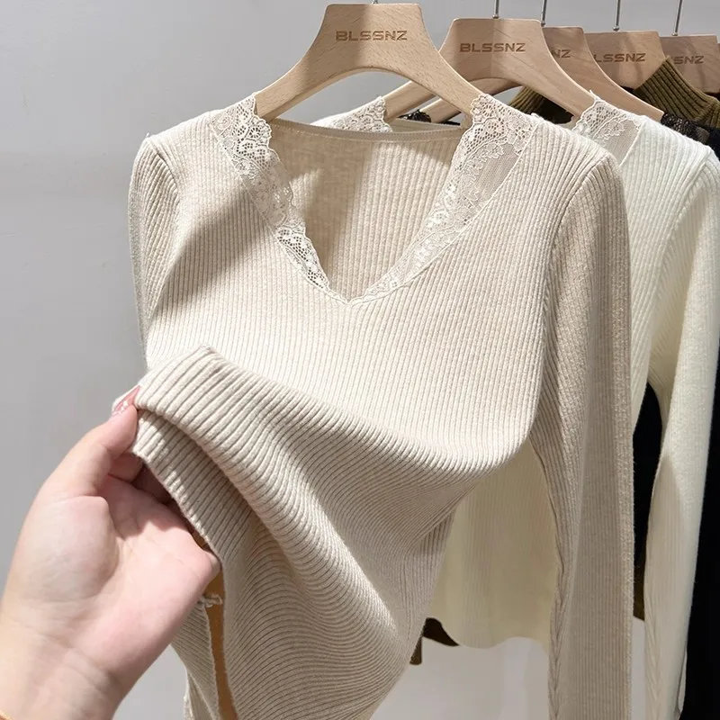 Women Autumn Winter Sweater Lace Long Sleeve Pullover V-Neck Slim Knitted Sweater Korean Fashion Basics Slim Retro Pull Femme