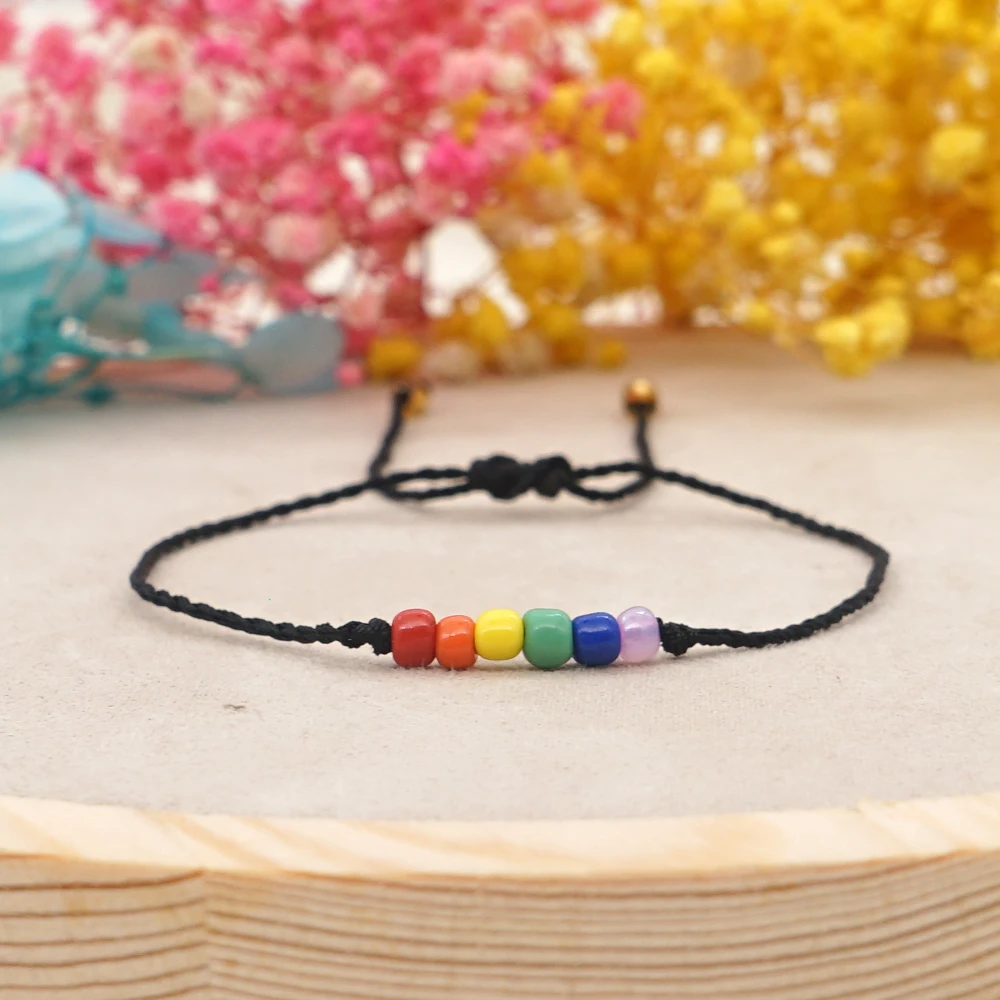 Go2Boho Rainbow Beads Black String Friendship Beaded Bracelet Surf Boho Jewelry Gift For Lover Friend Family Kids
