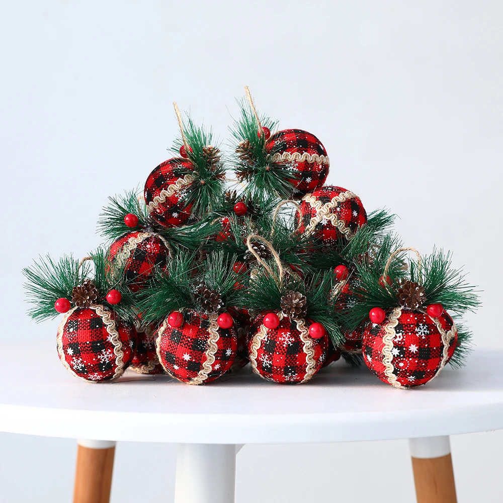 8/16pcs 6cm Rustic Christmas Ball Red Plaid Knit Ball with Pine Cones and Berries for Christmas Tree Hanging Ornaments Navidad