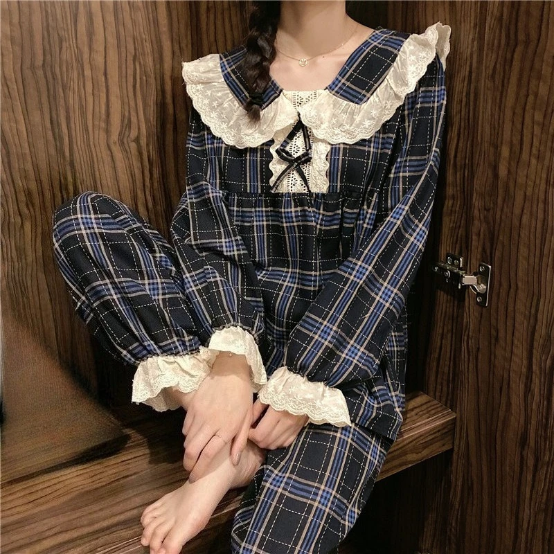 New Women's Sleepwear: Spring/Fall Court-Style Peter Pan Collar Girls' Checkered Casual and Cute Loose-Fitting Loungewear Set